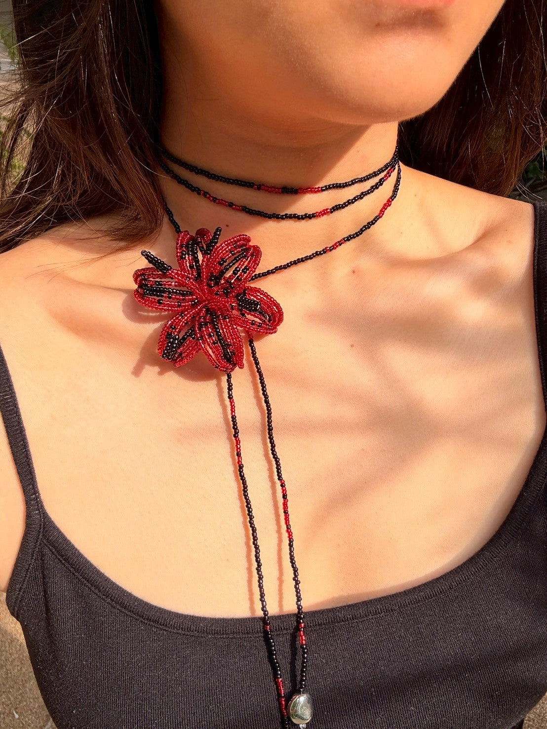 Red and Black Lily Beaded Necklace