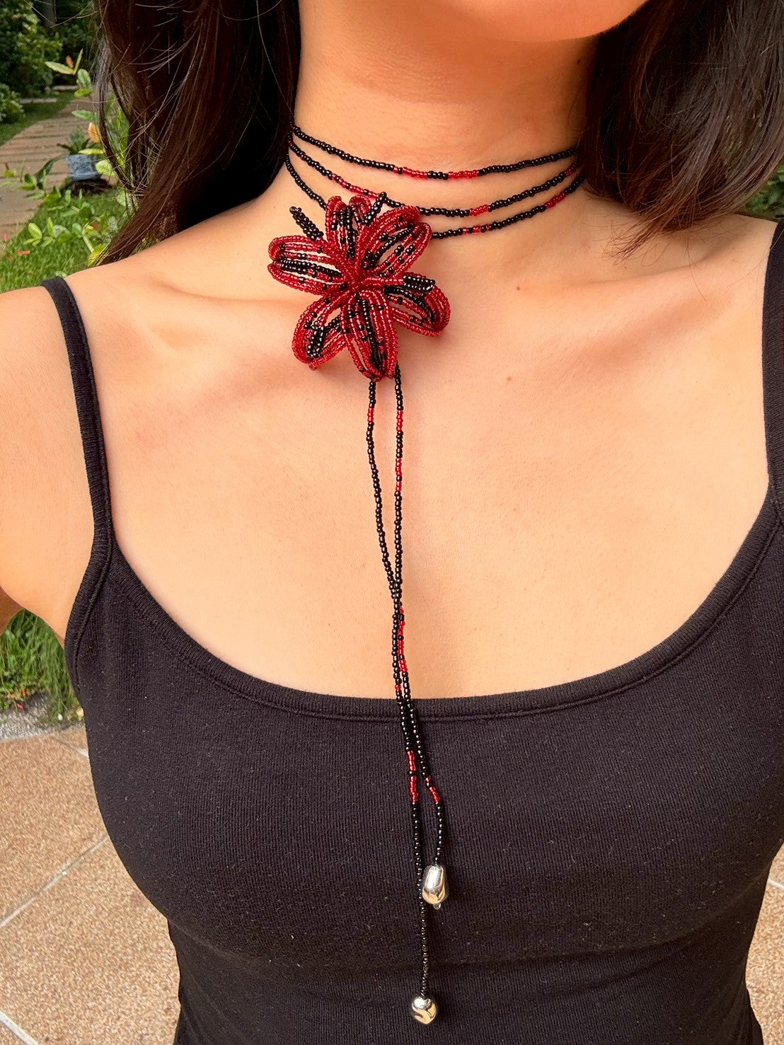 Red and Black Lily Beaded Necklace