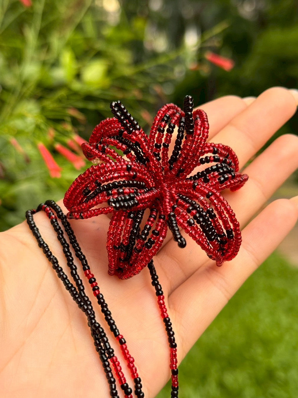 Red and Black Lily Beaded Necklace