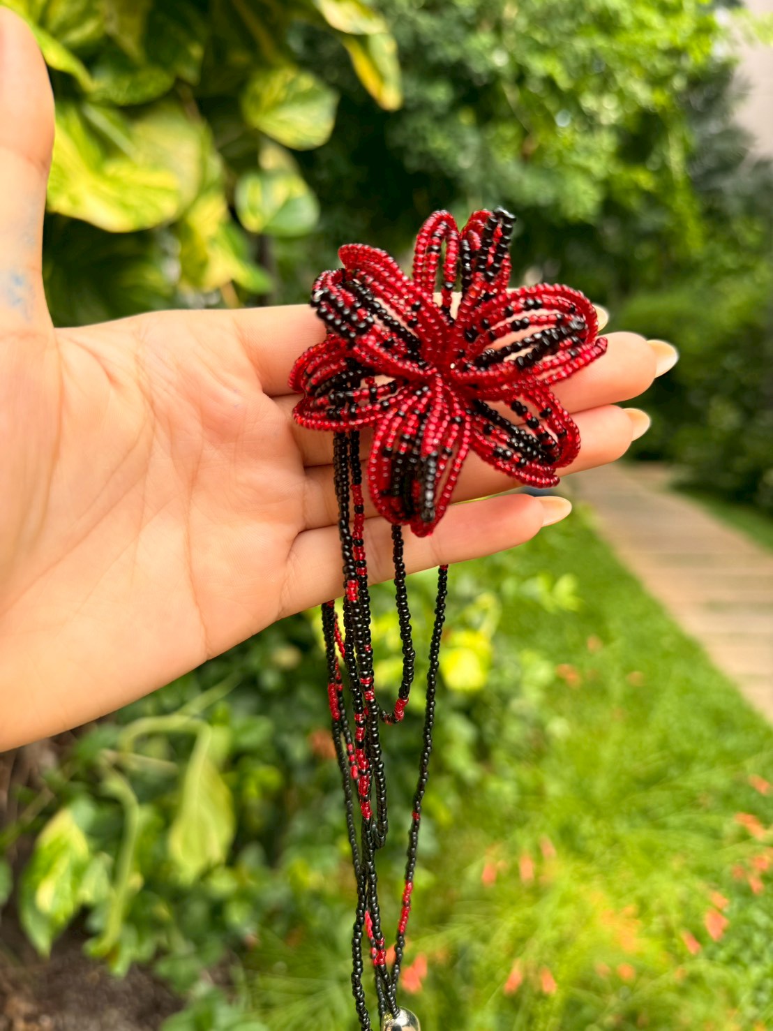 Red and Black Lily Beaded Necklace