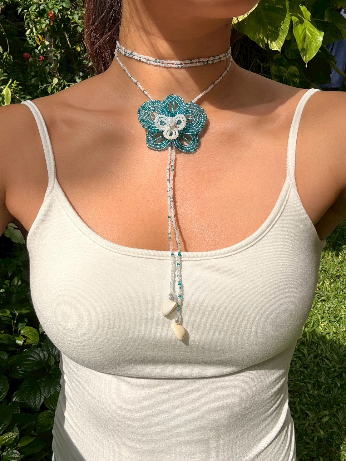 Blue Orchid Beaded Flower Necklace
