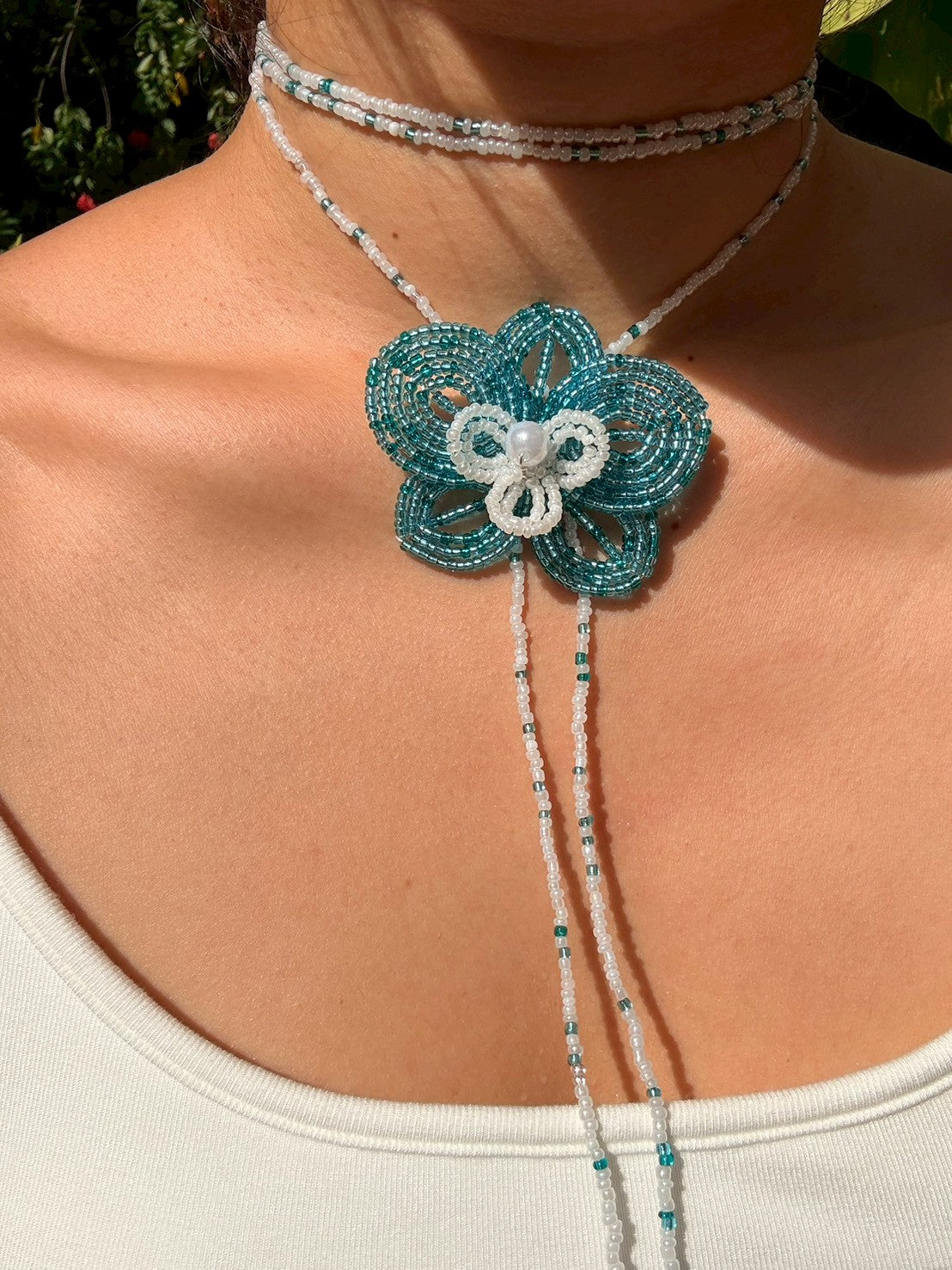 Blue Orchid Beaded Flower Necklace
