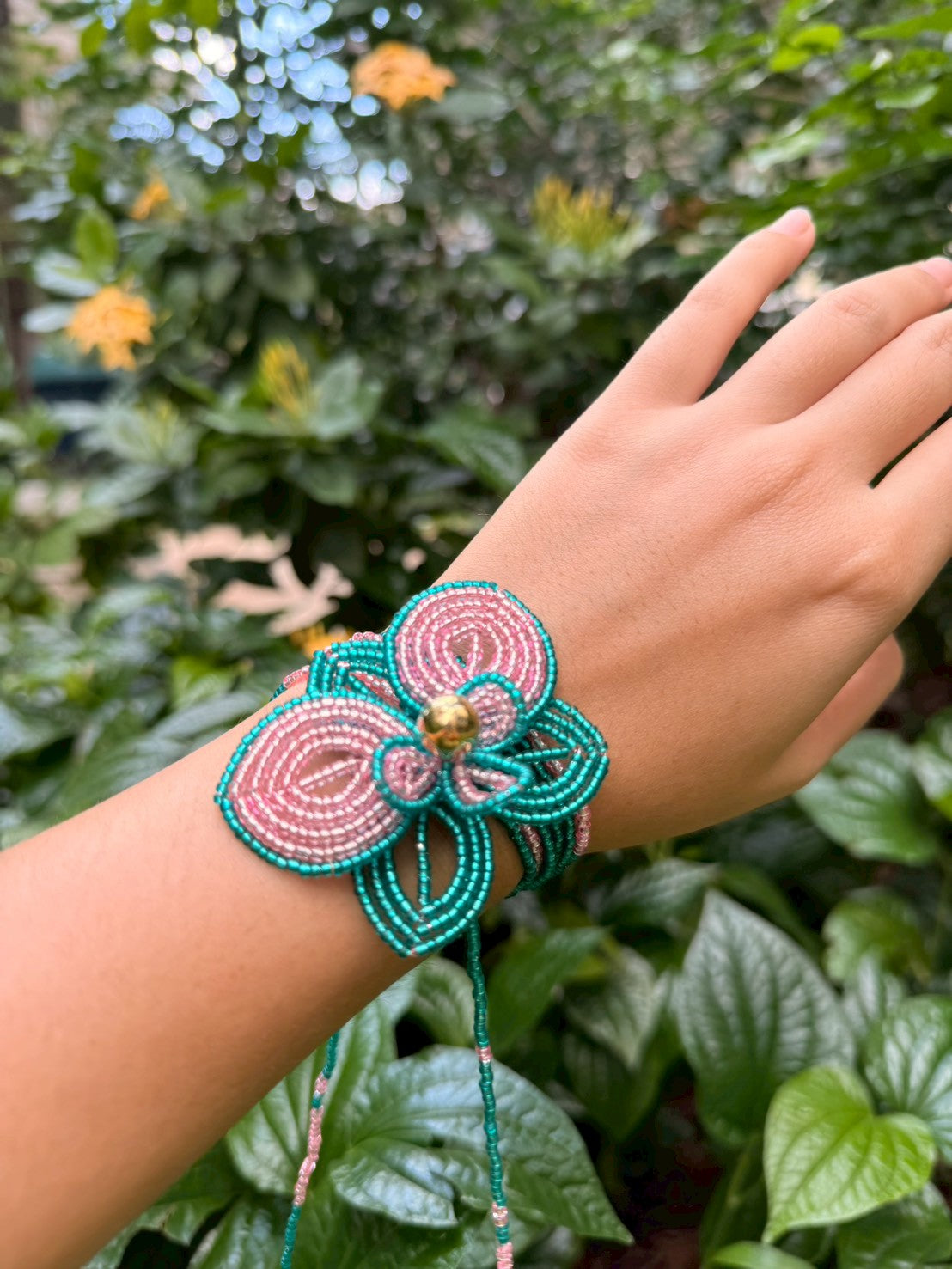 Turquoise and Pink Orchid Beaded Flower Necklace