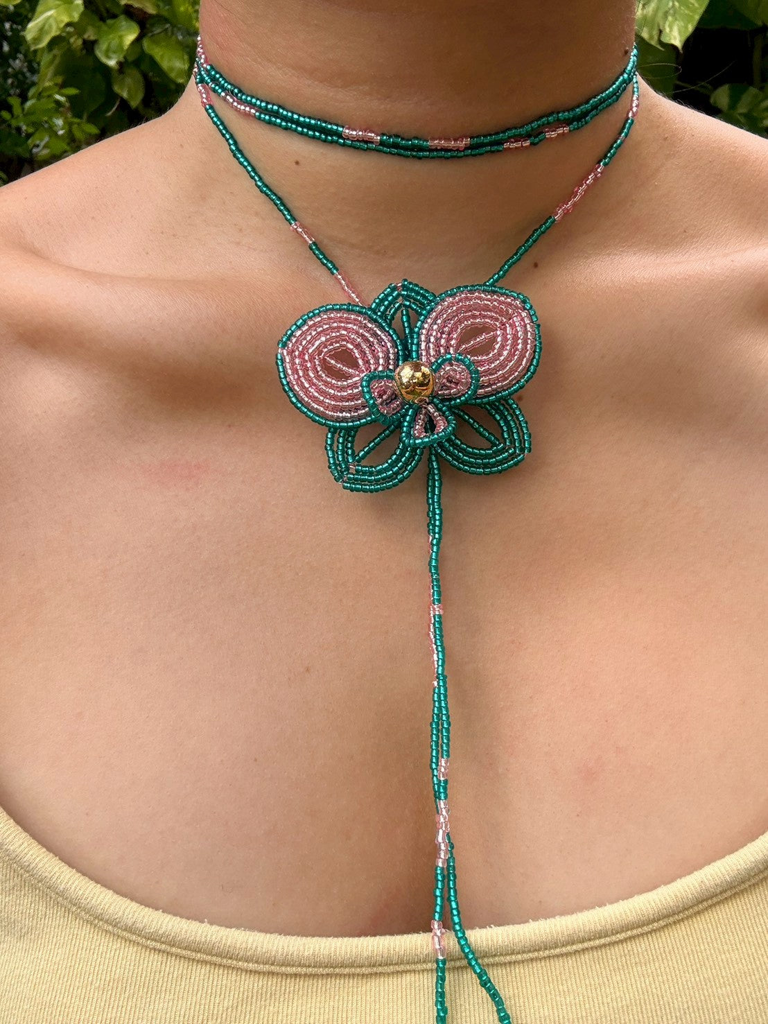 Turquoise and Pink Orchid Beaded Flower Necklace