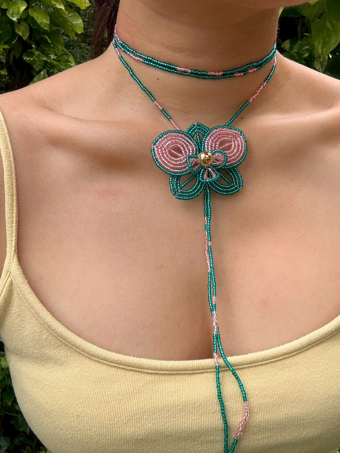 Turquoise and Pink Orchid Beaded Flower Necklace
