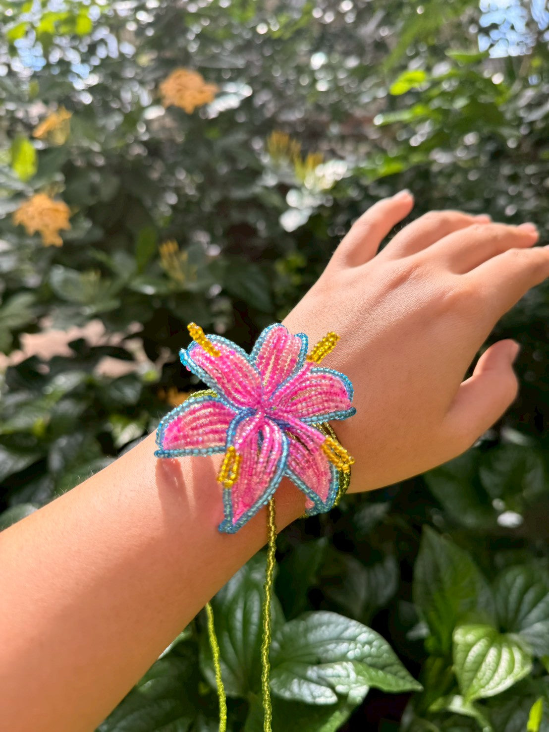 Pink and Blue Lily Beaded Flower Necklace