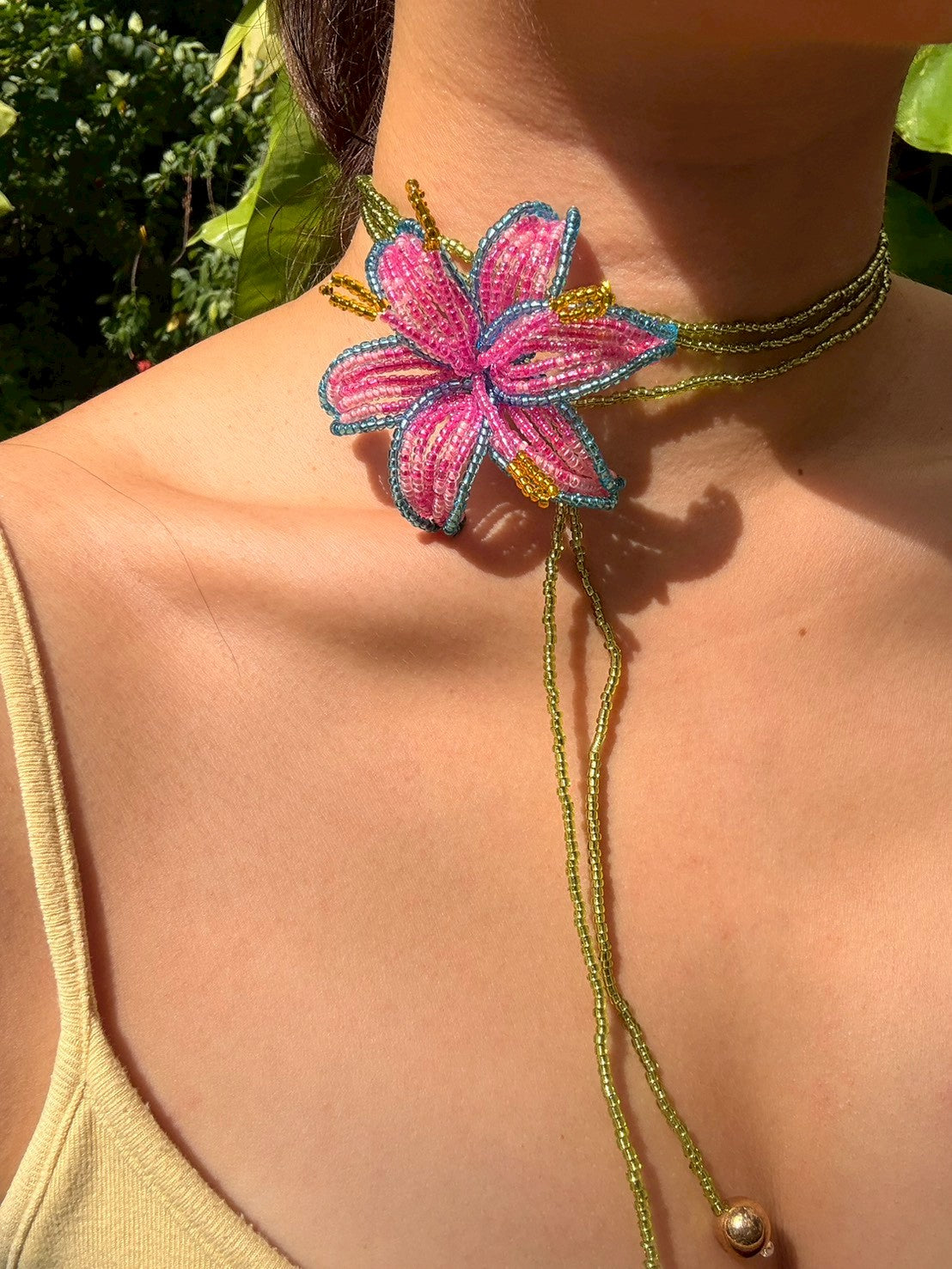 Pink and Blue Lily Beaded Flower Necklace
