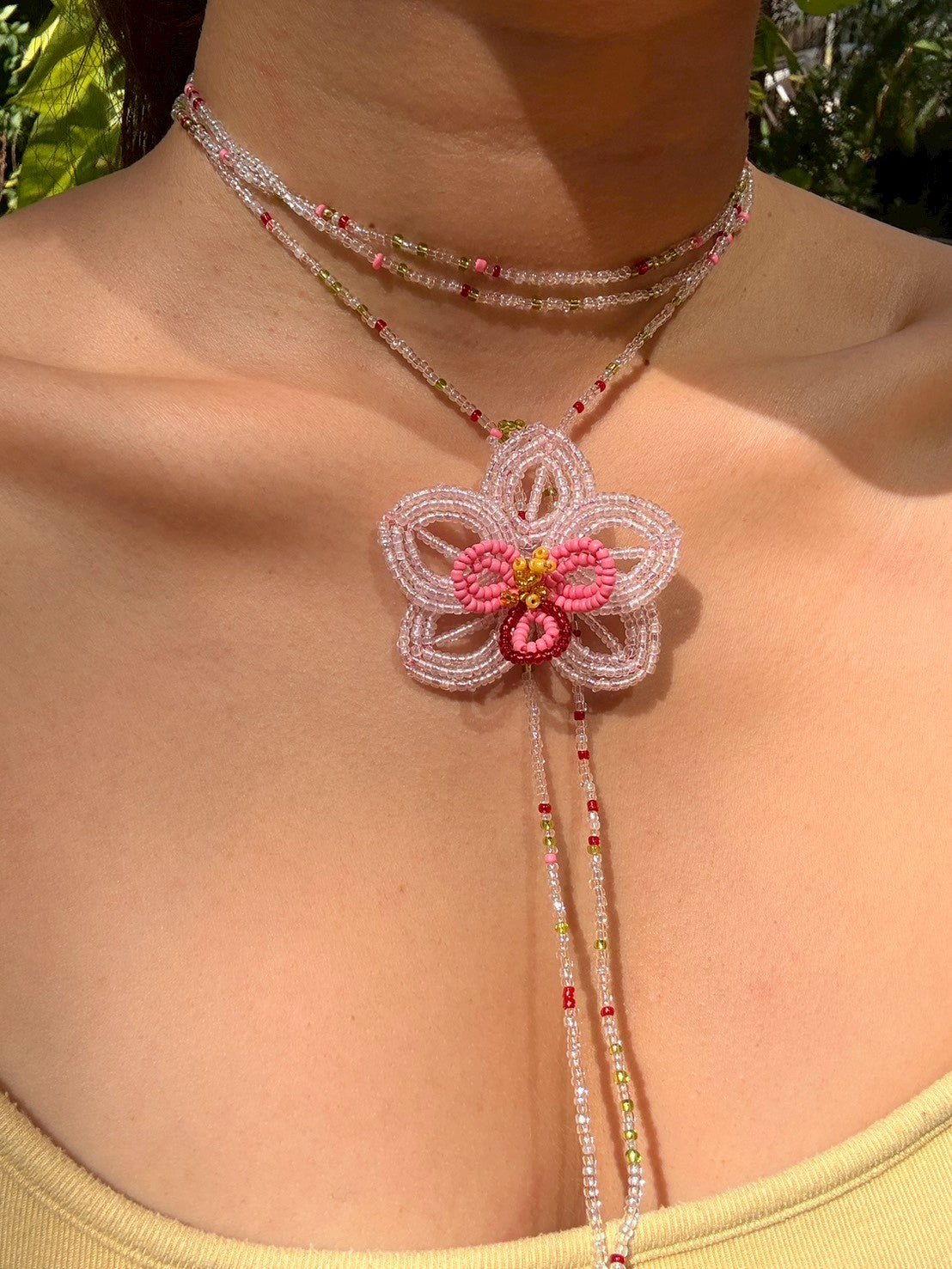 Pink Orchid Beaded Flower Necklace