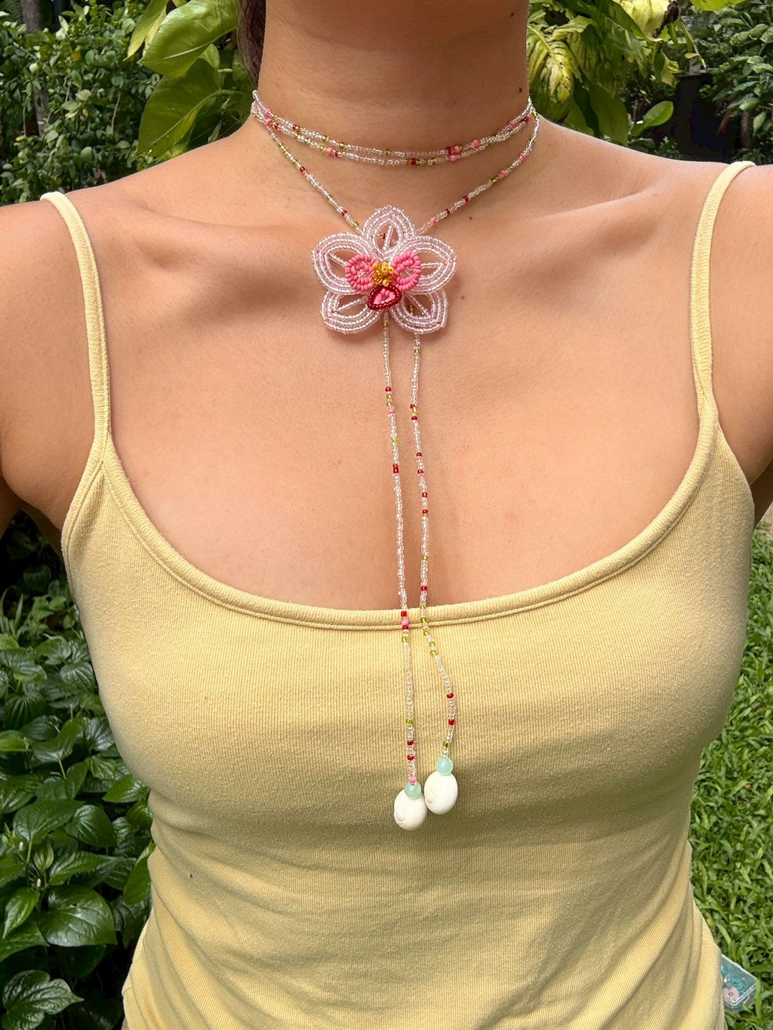 Pink Orchid Beaded Flower Necklace