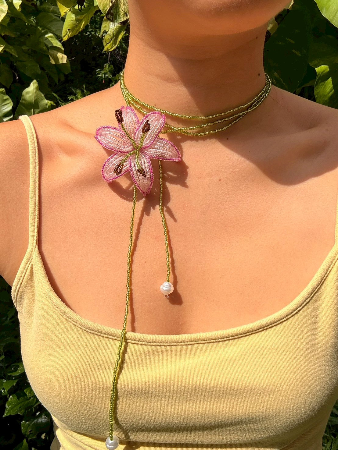 Purple and Pink Lily Beaded Flower Necklace