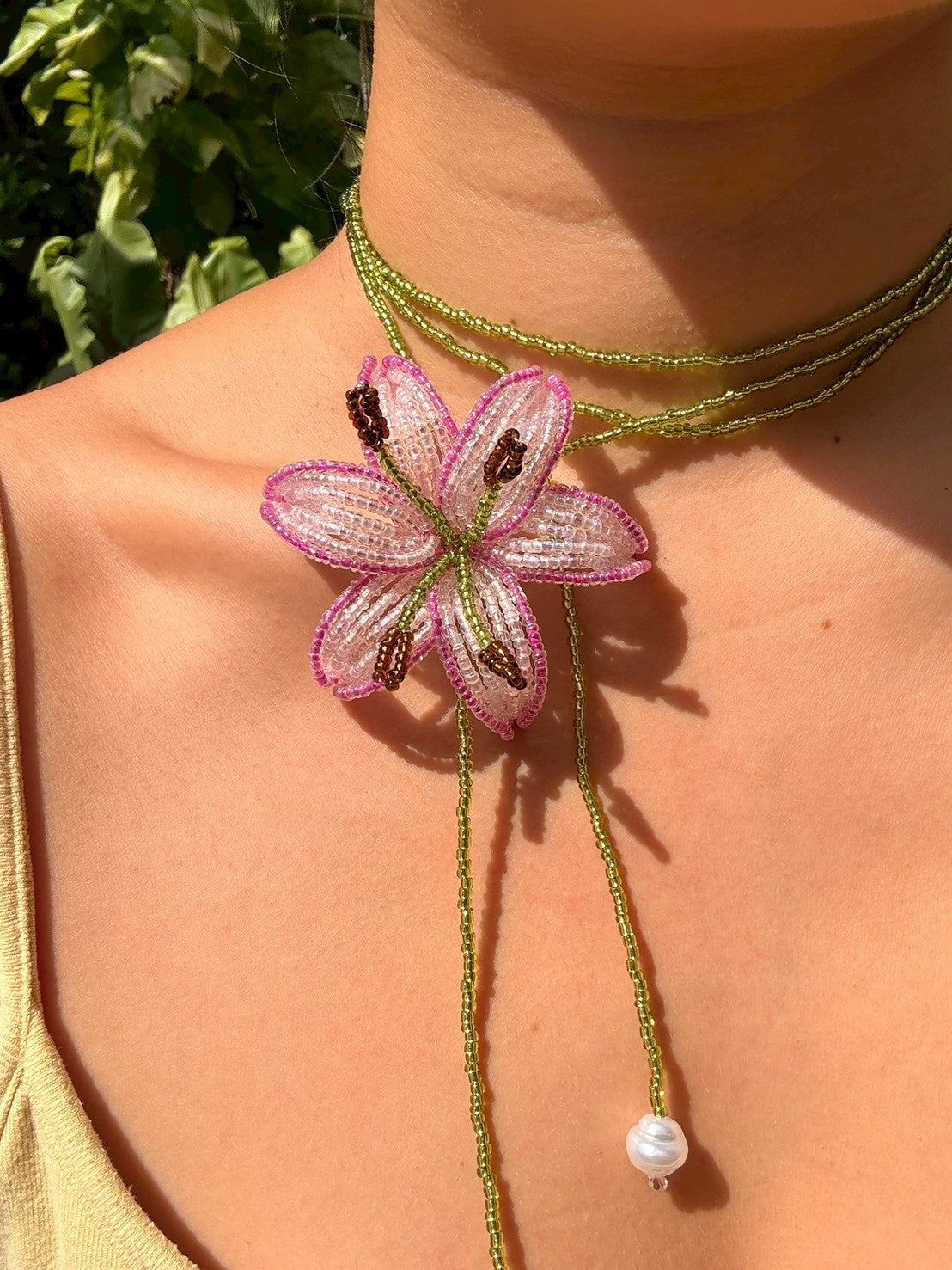 Purple and Pink Lily Beaded Flower Necklace
