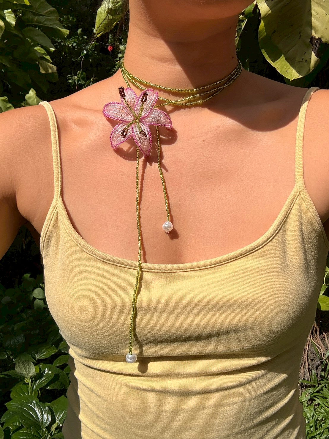 Purple and Pink Lily Beaded Flower Necklace