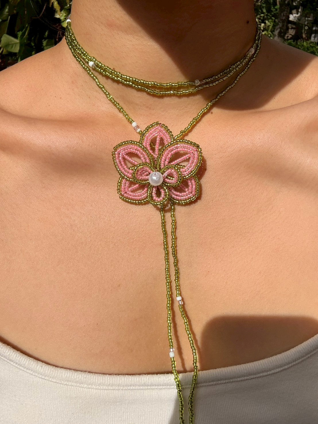 Green and Pink Orchid Beaded Flower Necklace