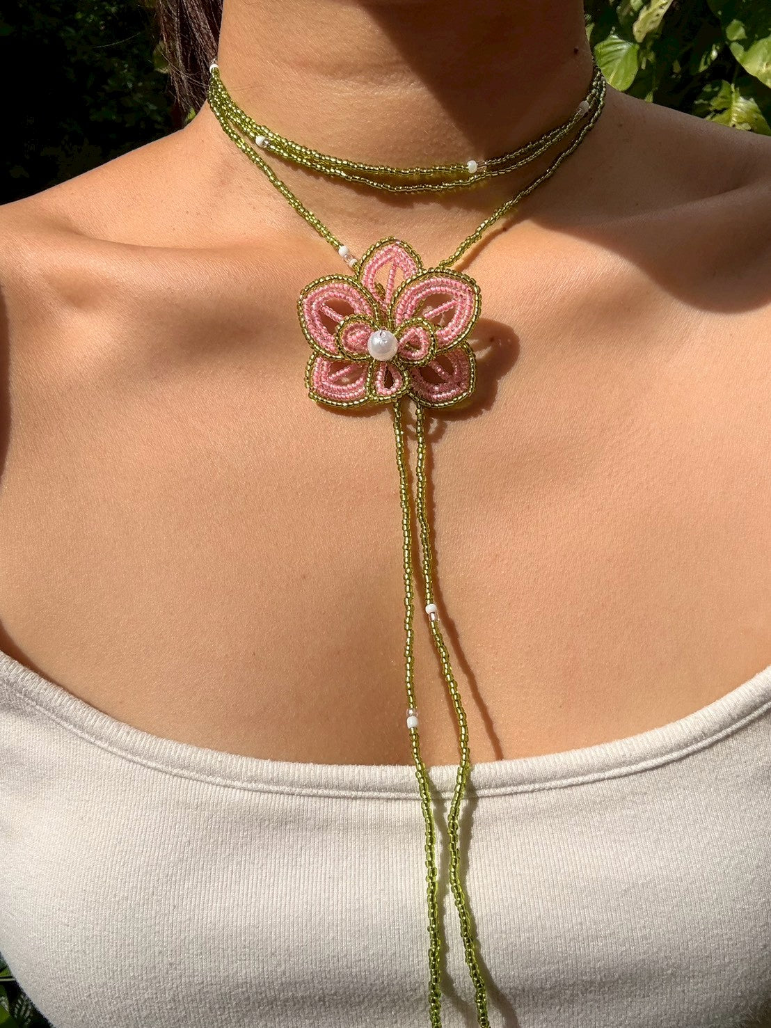 Green and Pink Orchid Beaded Flower Necklace