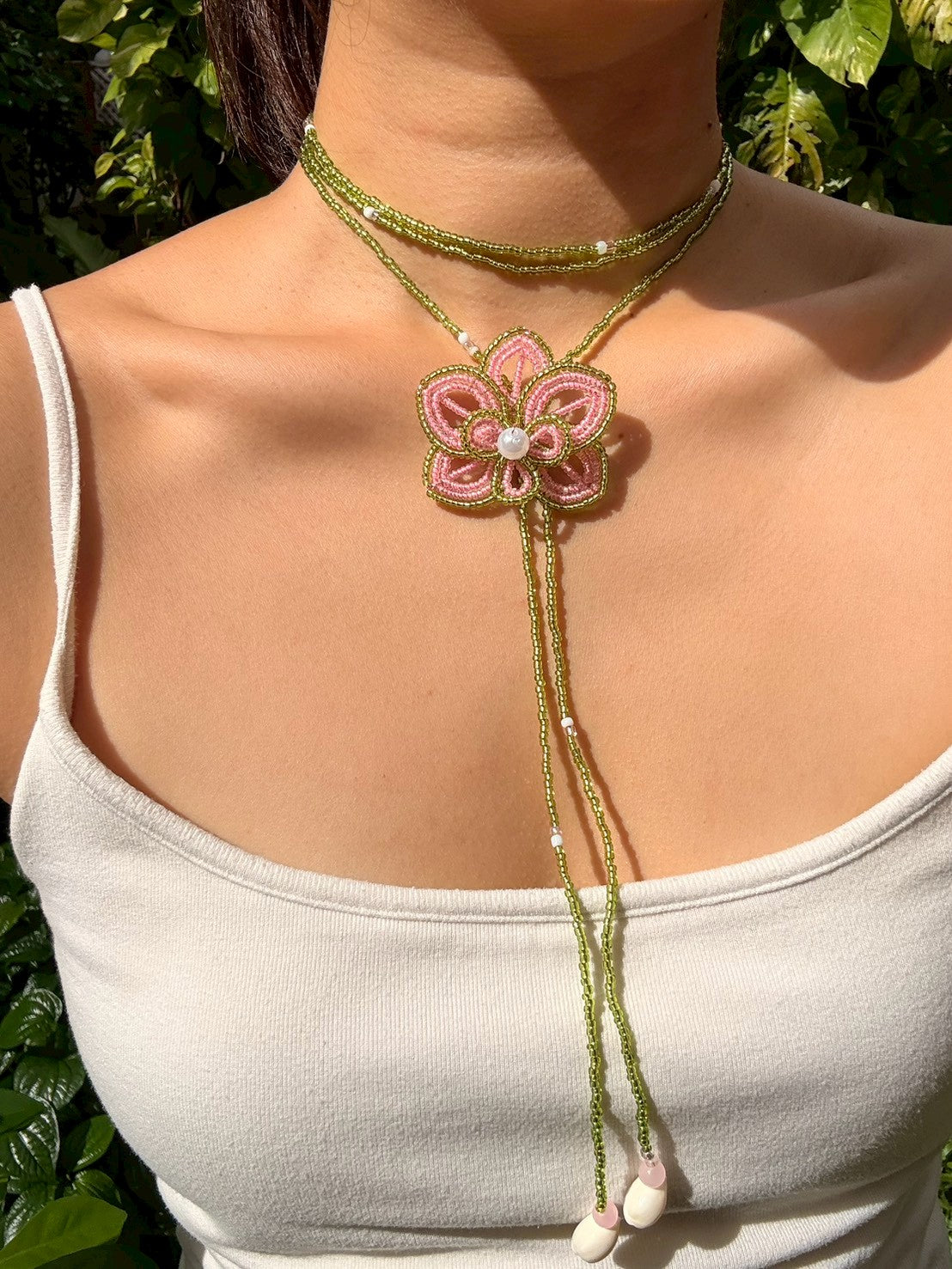 Green and Pink Orchid Beaded Flower Necklace