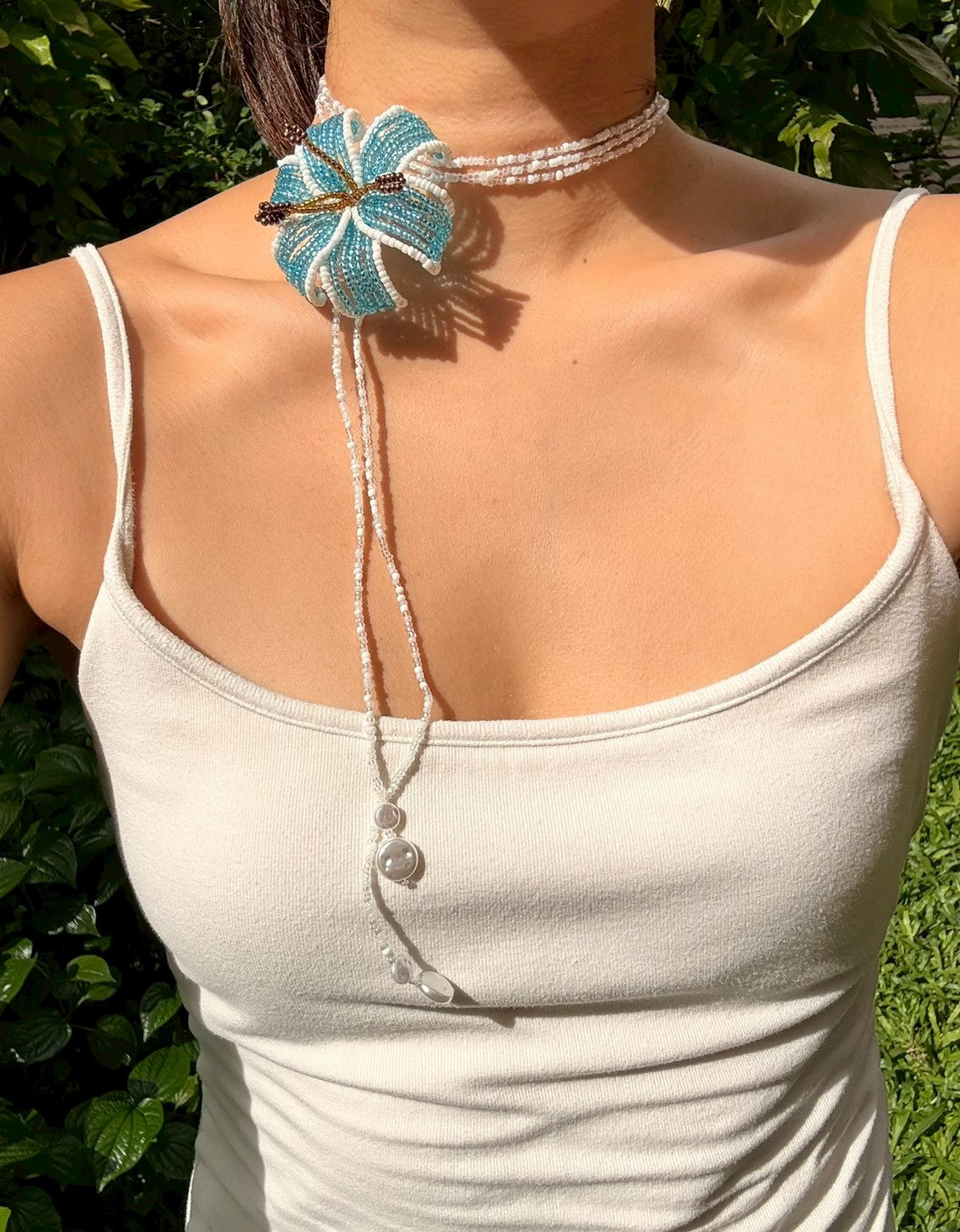 Blue Hibiscus Beaded Flower Necklace