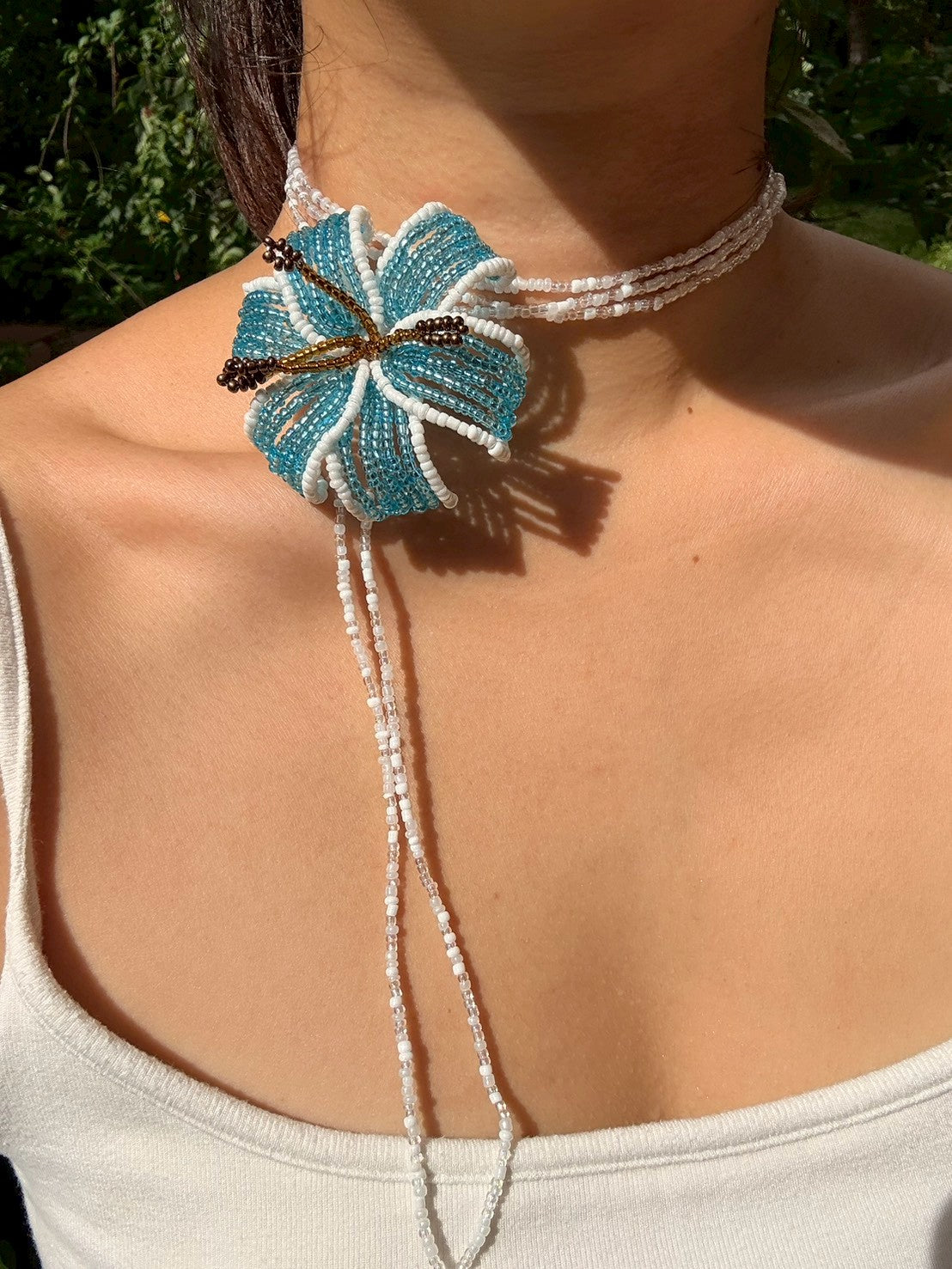 Blue Hibiscus Beaded Flower Necklace