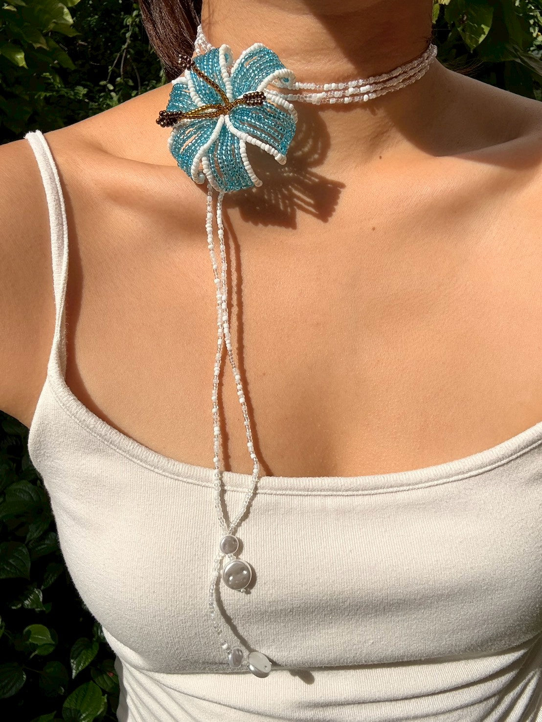 Blue Hibiscus Beaded Flower Necklace
