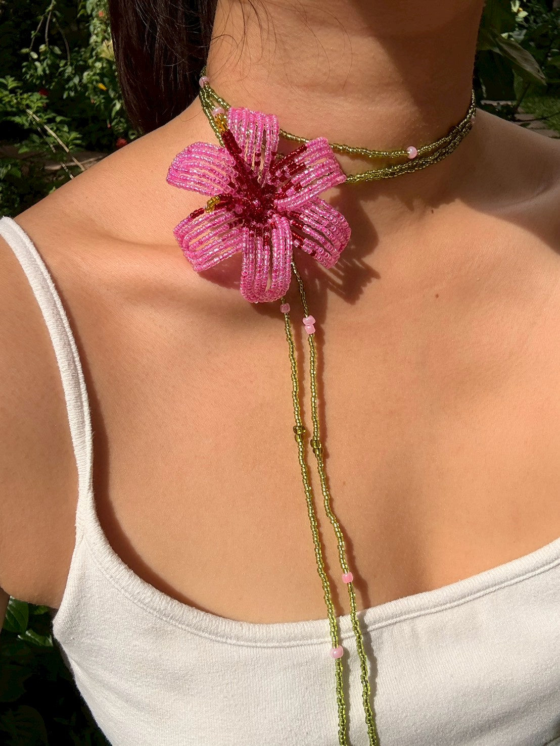Pink Hibiscuses Beaded Flower Necklace