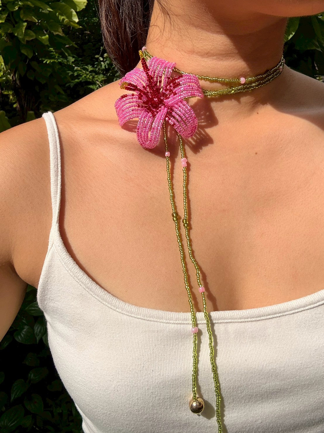 Pink Hibiscuses Beaded Flower Necklace