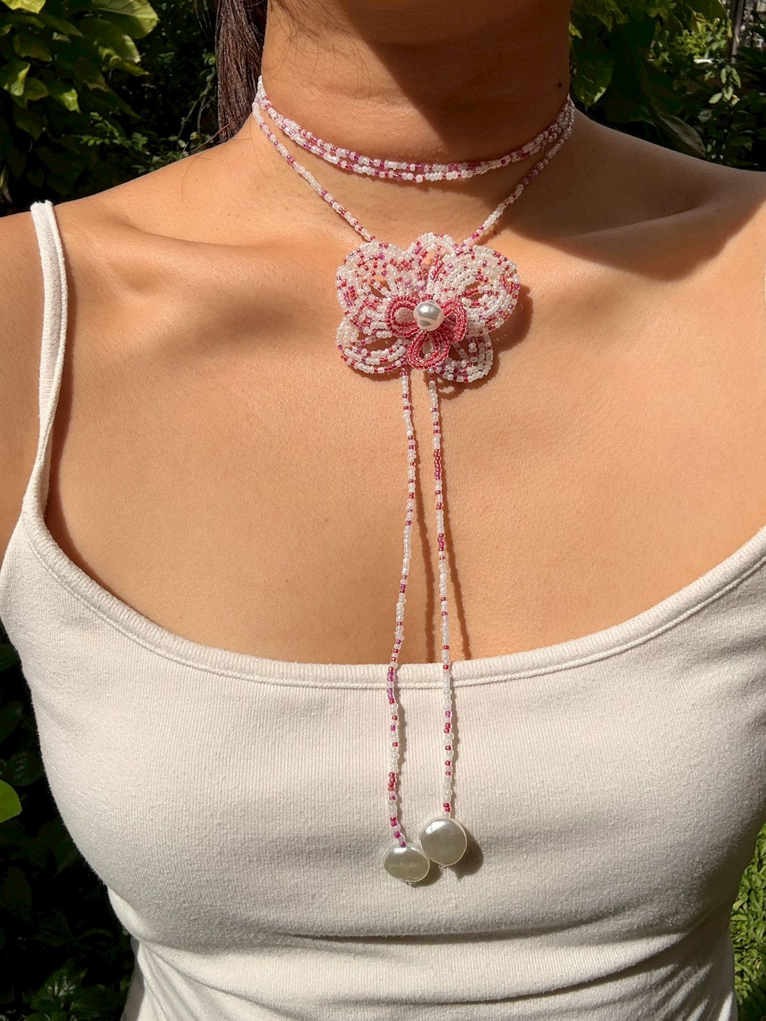 White and Purple Orchid Beaded Flower Necklace