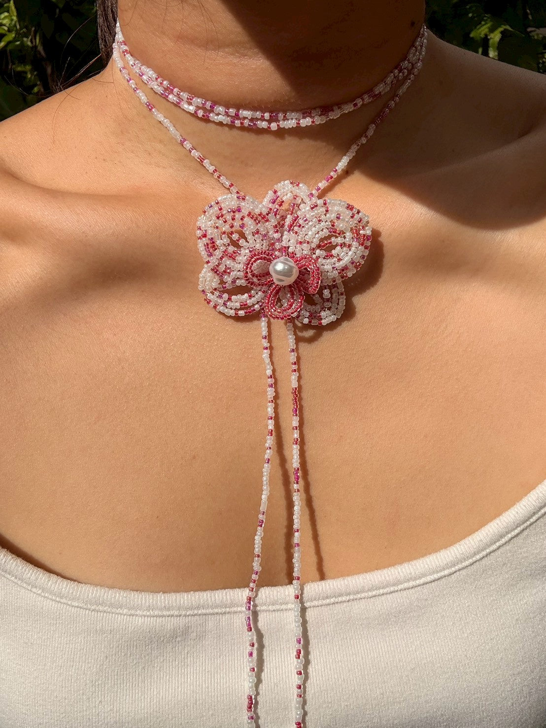 White and Purple Orchid Beaded Flower Necklace