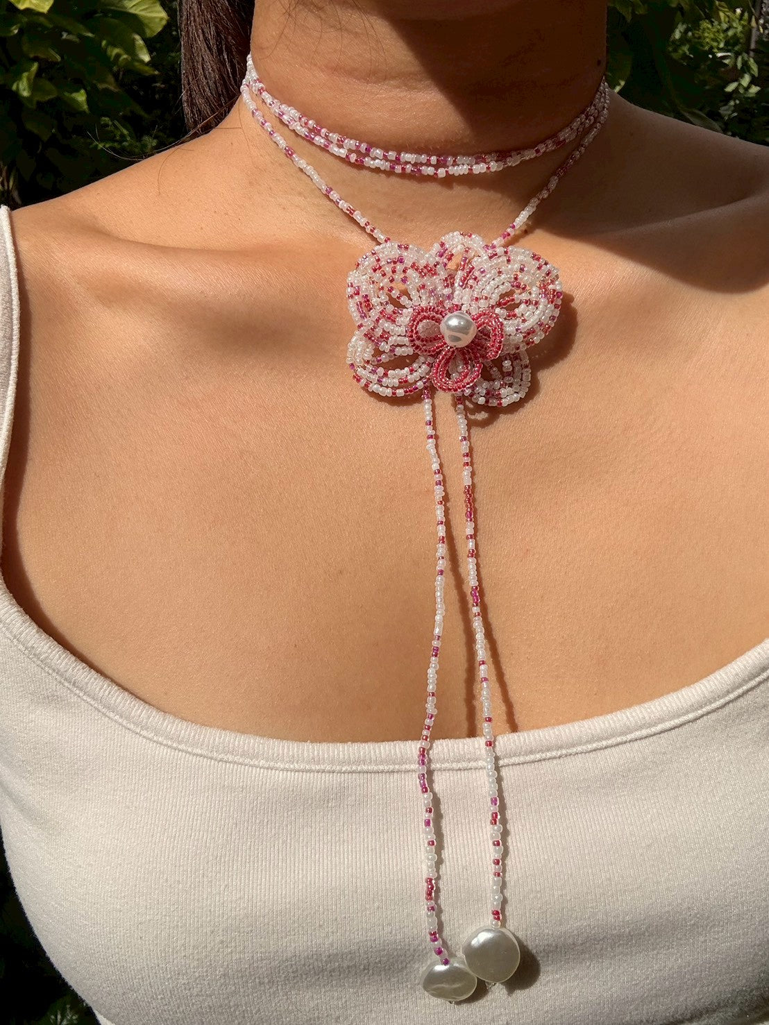 White and Purple Orchid Beaded Flower Necklace