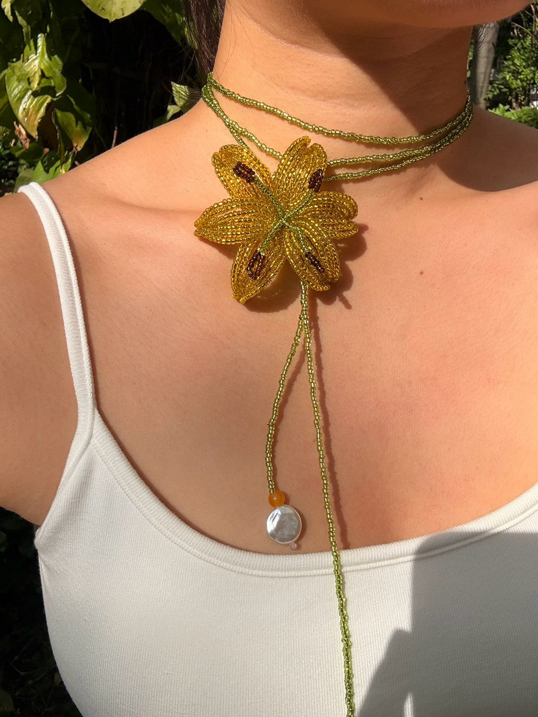 Yellow Lily Beaded Flower Necklace