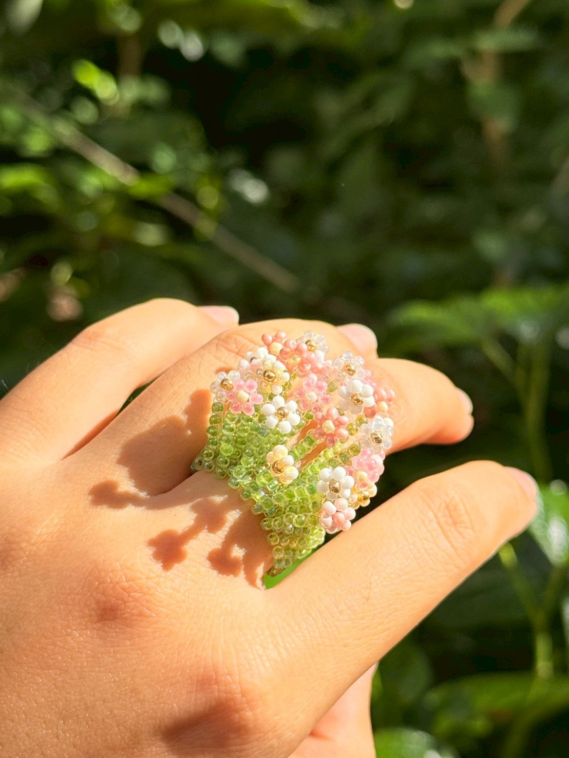 Pink and White Beaded Ring