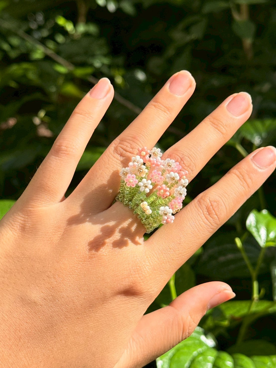 Pink and White Beaded Ring