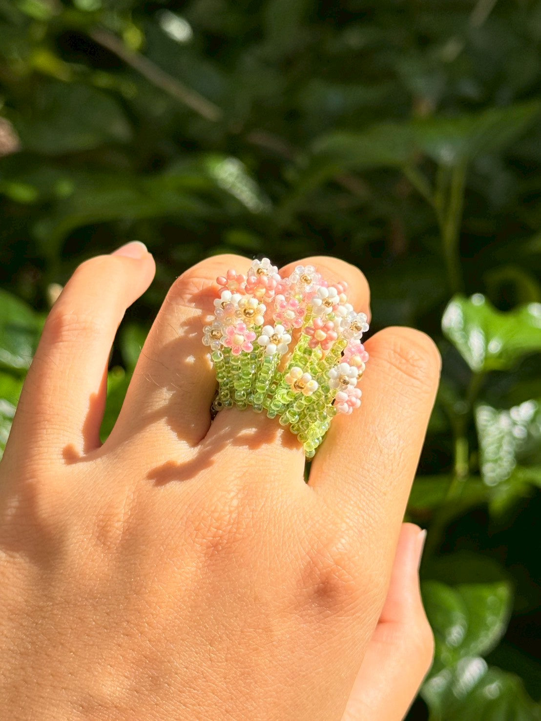 Pink and White Beaded Ring