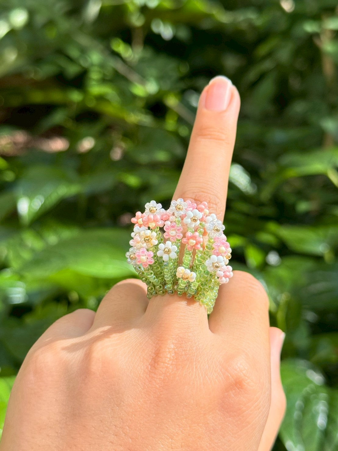 Pink and White Beaded Ring