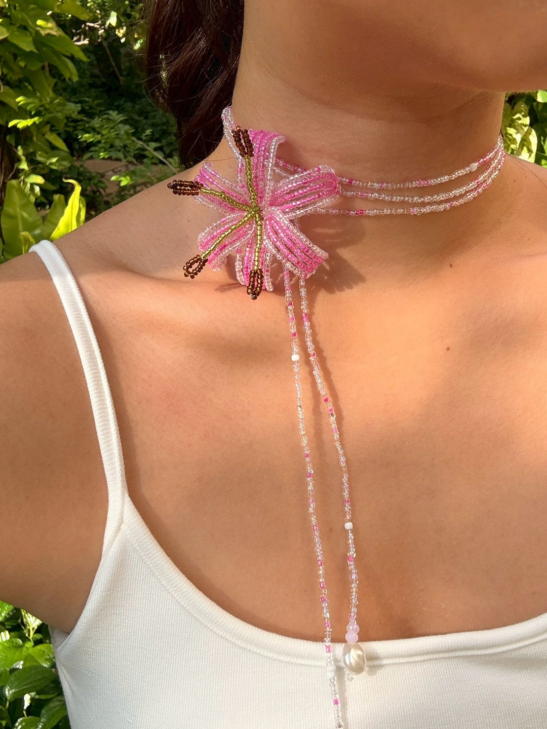 Hot Pink Lily Beaded Flower Necklace