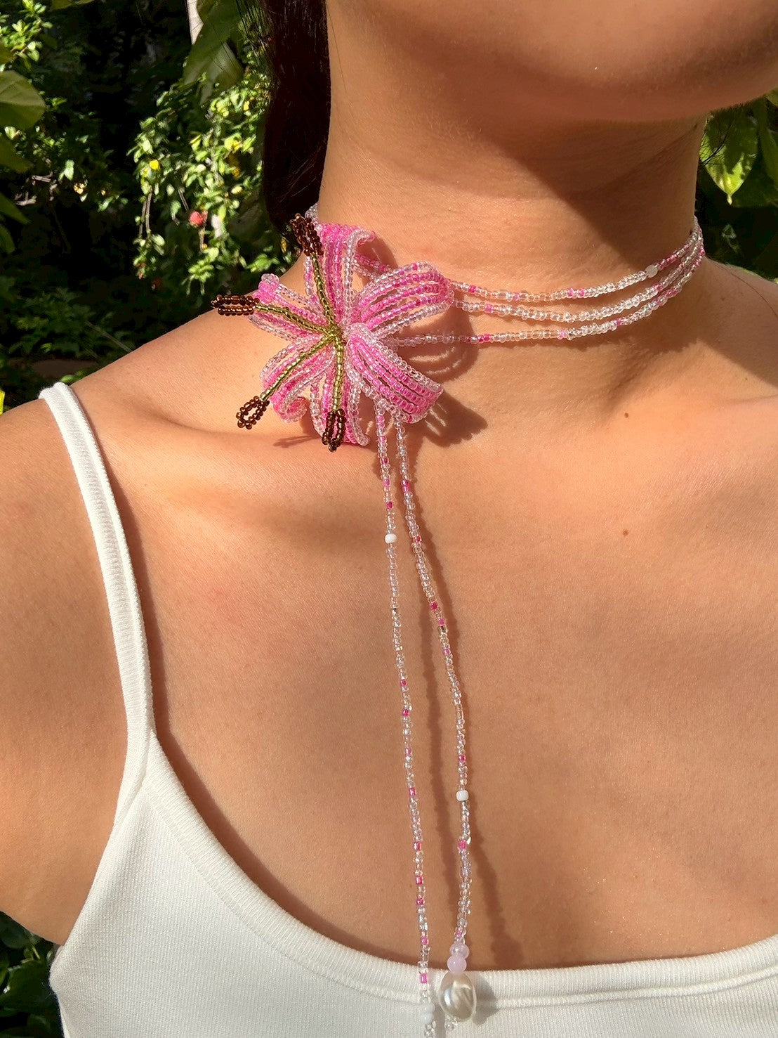 Hot Pink Lily Beaded Flower Necklace