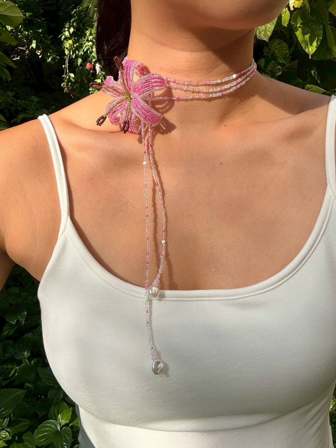 Hot Pink Lily Beaded Flower Necklace
