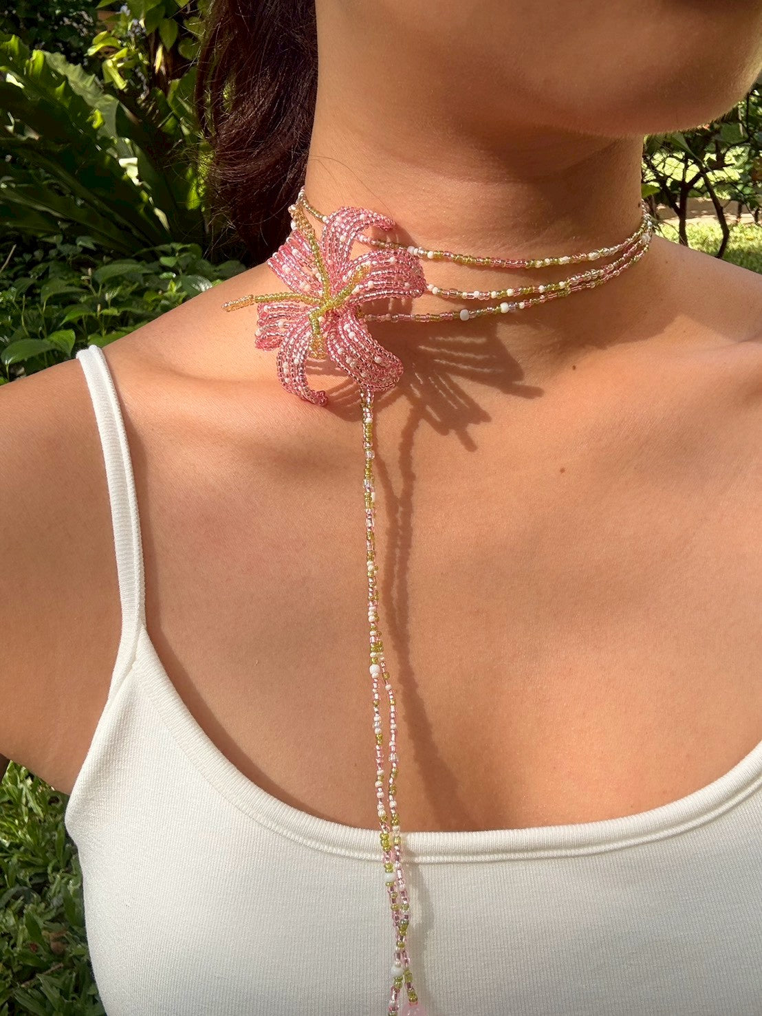 Soft Pink Lily Beaded Flower Necklace