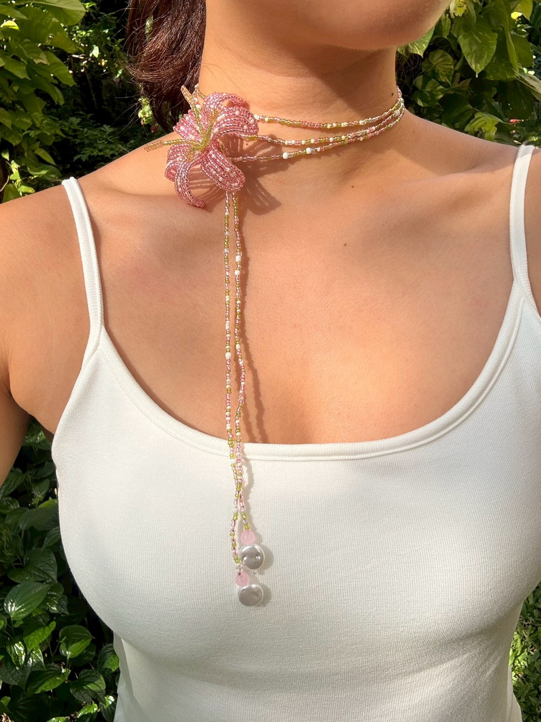 Soft Pink Lily Beaded Flower Necklace