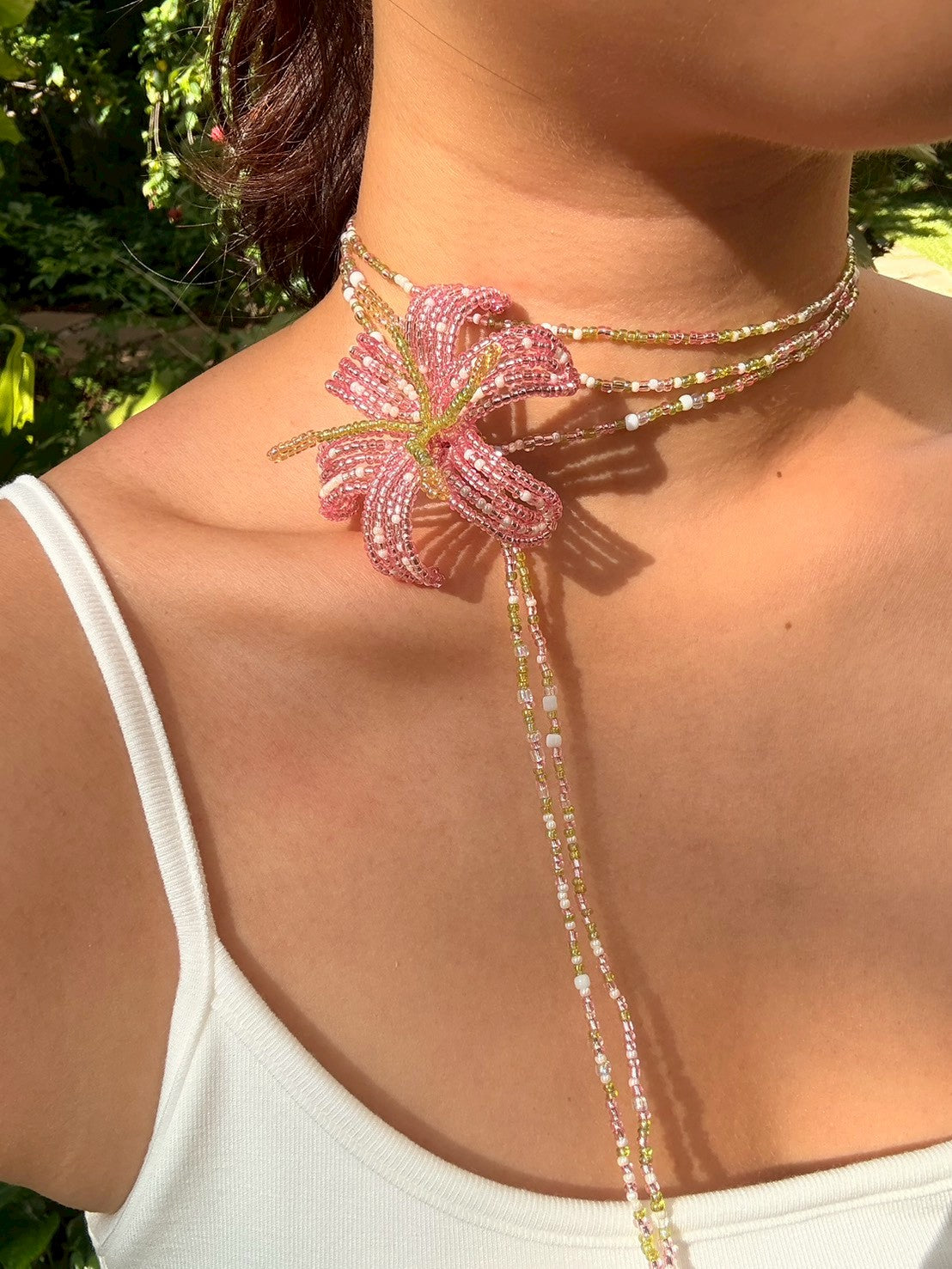Soft Pink Lily Beaded Flower Necklace