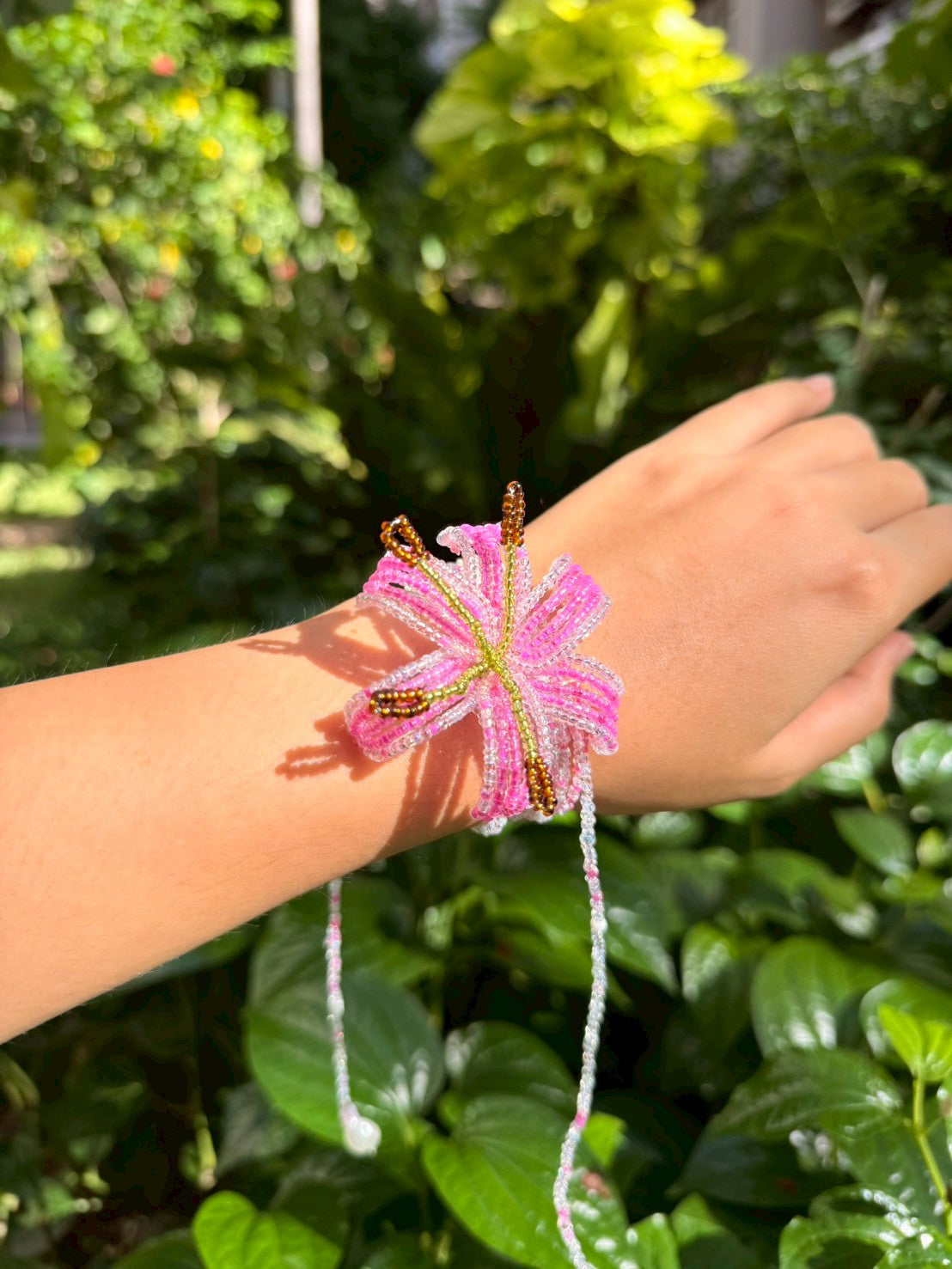 Hot Pink Lily Beaded Flower Necklace