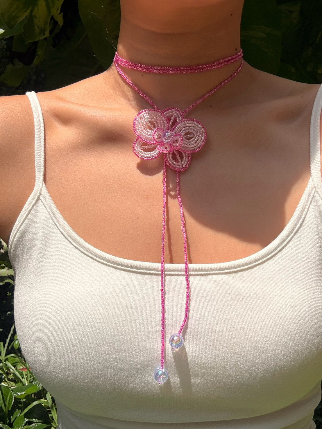 Pink Orchid Beaded Flower Necklace
