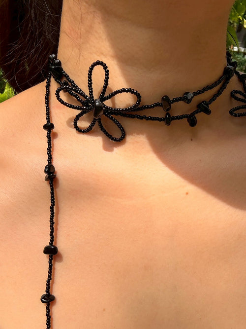 Black Daisy Beaded Flower Necklace