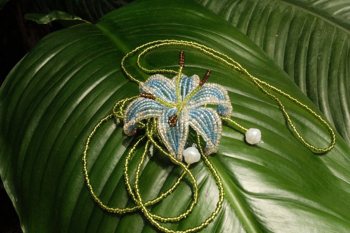 Blue and Sliver Lily Beaded Necklace