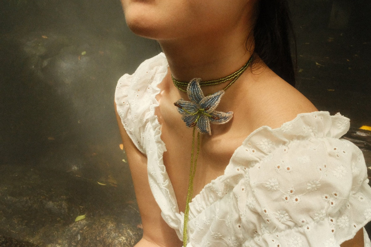 Blue and Sliver Lily Beaded Necklace