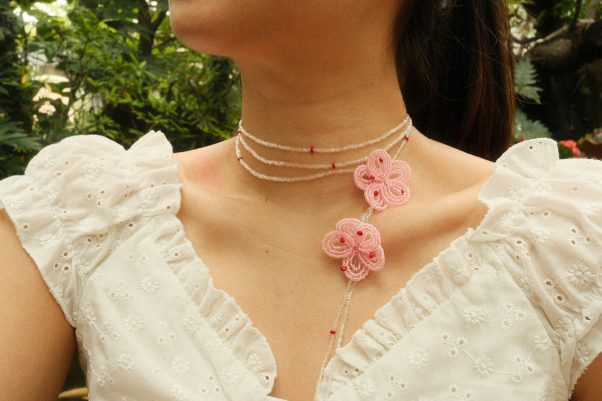 Pink Sakura Beaded flower Necklace