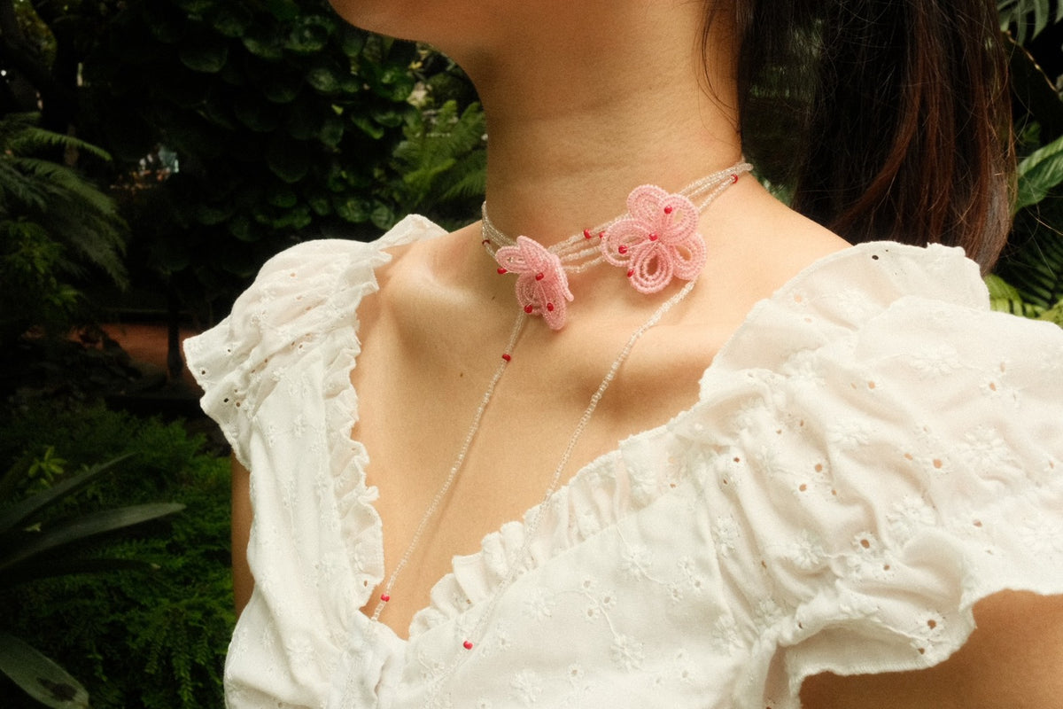 Pink Sakura Beaded flower Necklace