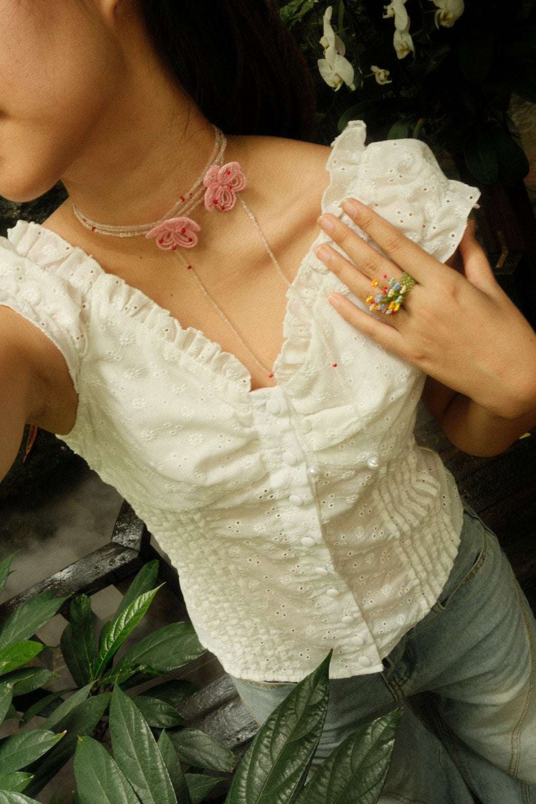 Pink Sakura Beaded flower Necklace